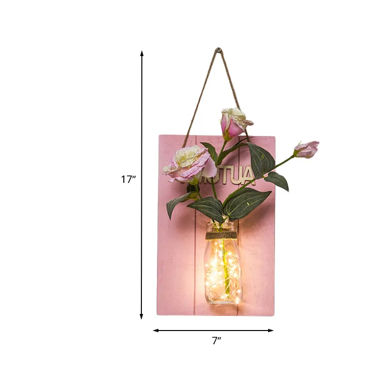 Lampada da parete forma di fiore/ramo rosa, barattolo di vetro rustico, luce scintillante per bar ristorante