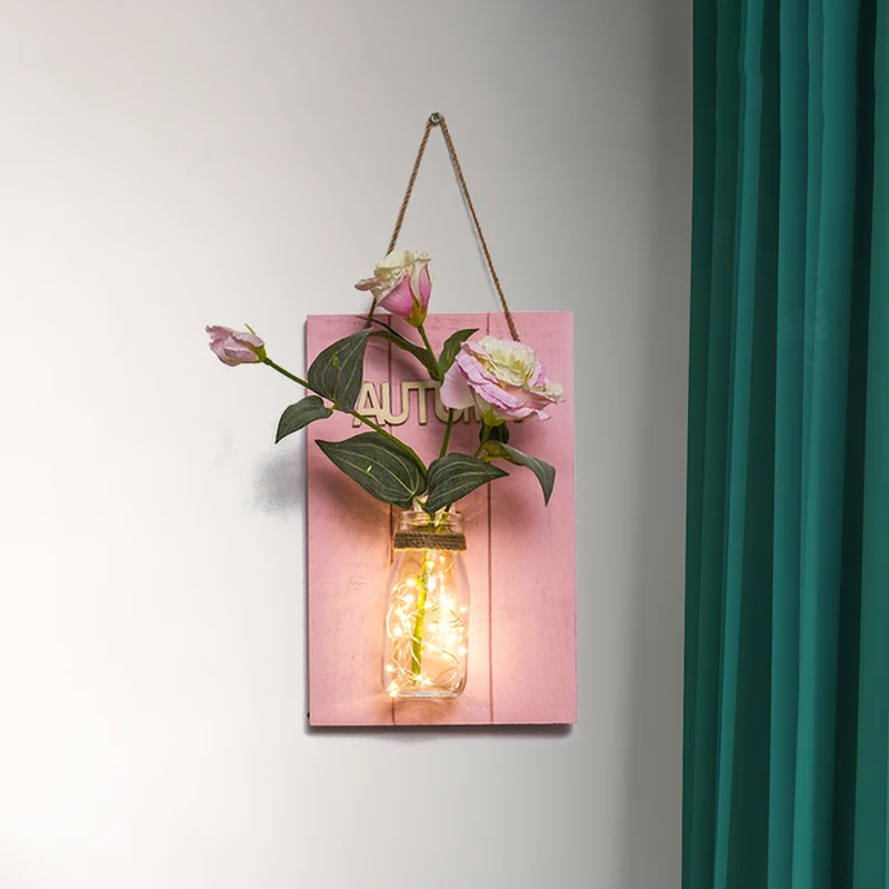 Lampada da parete forma di fiore/ramo rosa, barattolo di vetro rustico, luce scintillante per bar ristorante