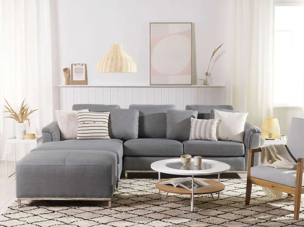 Right Hand Fabric Corner Sofa Ottoman Light Grey OSLO