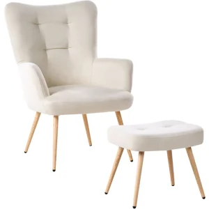 Wingback Chair VEJLE Footstool Fabric Light Panna