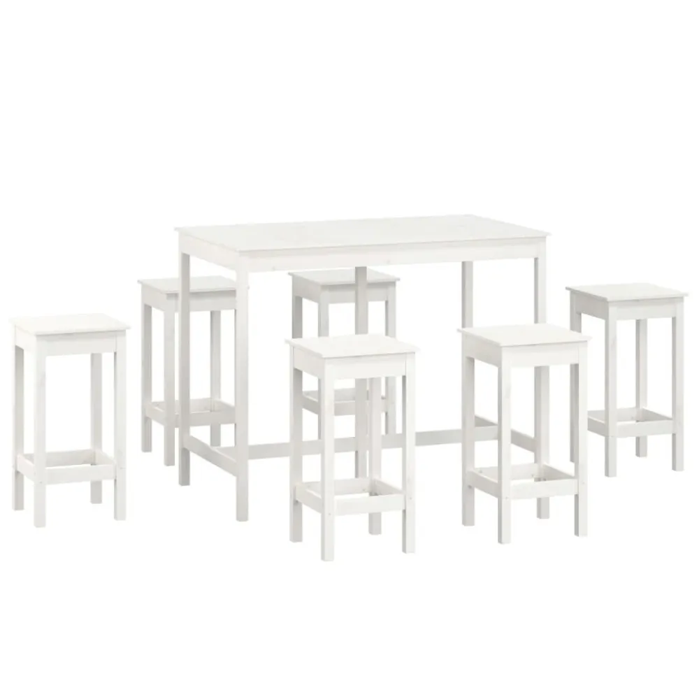 Set da Bar 7 pz Bianco Legno Massello di Pino