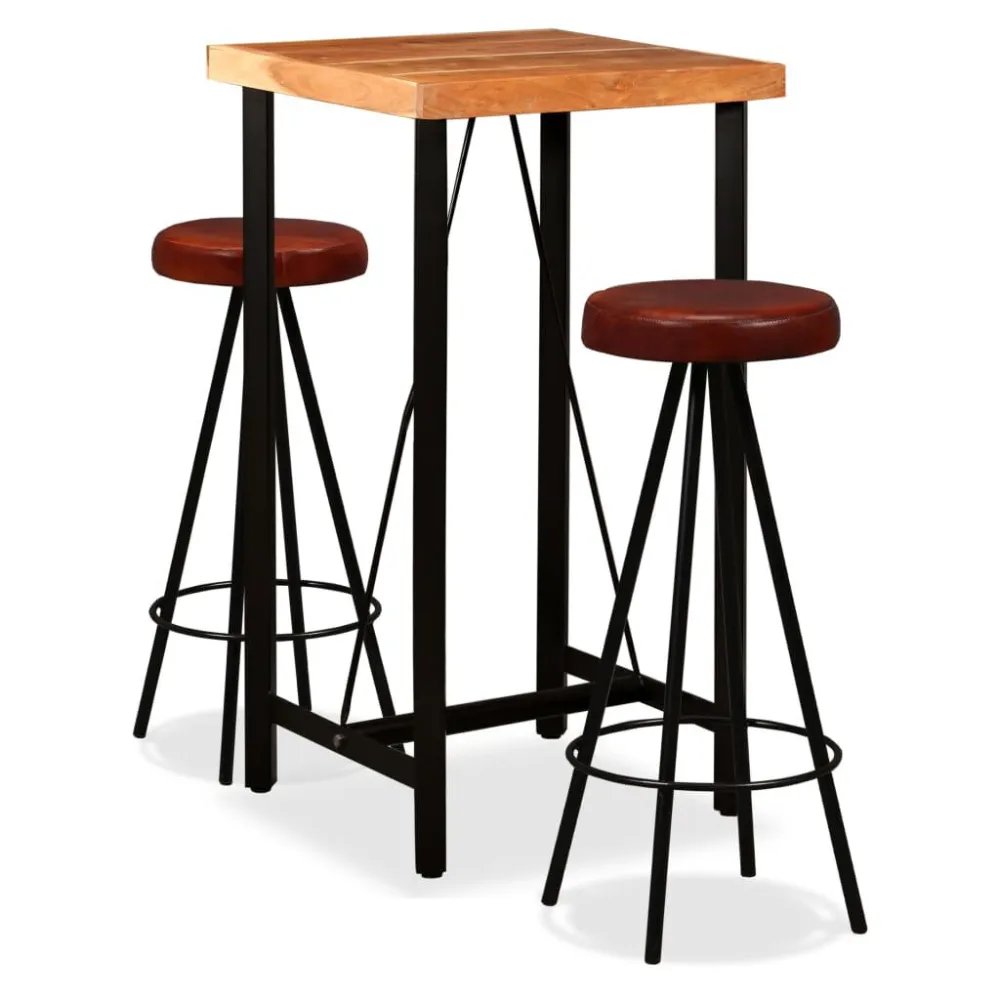 Set da Bar 3 pz Legno Massello di Acacia e Vera Pelle