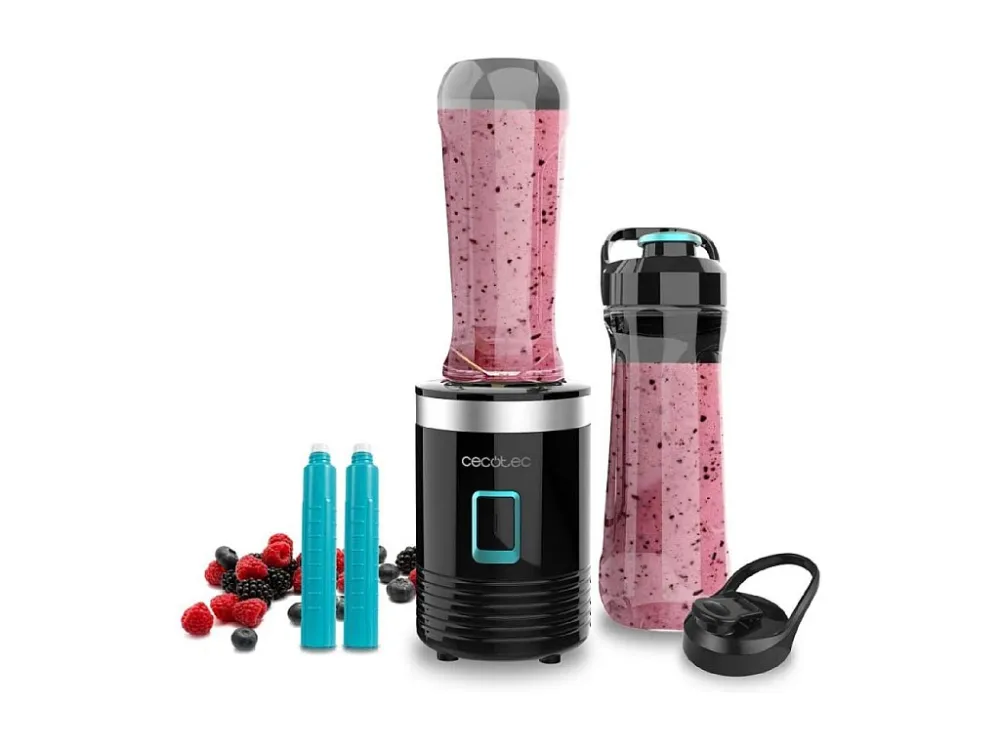 Cecotec Frullatore per smoothies con recipiente portatile, 4 lame con rivestimento titanio nero da 350 W.