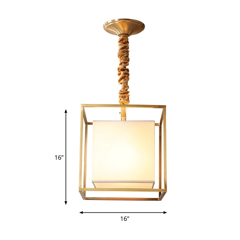 Lampadario quadrato tessuto consueto 2/3/4 luci per sala da pranzo, plafoniera con cornice cubica dorata, larghezza 10"/12...