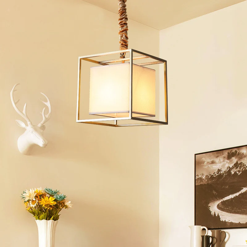Lampadario quadrato tessuto consueto 2/3/4 luci per sala da pranzo, plafoniera con cornice cubica dorata, larghezza 10"/12...