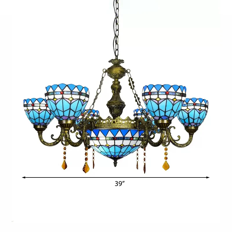 Lampadario Tiffany blu, plafoniera cupola con cristallo ambrato e decorazione gioiello per sala da pranzo