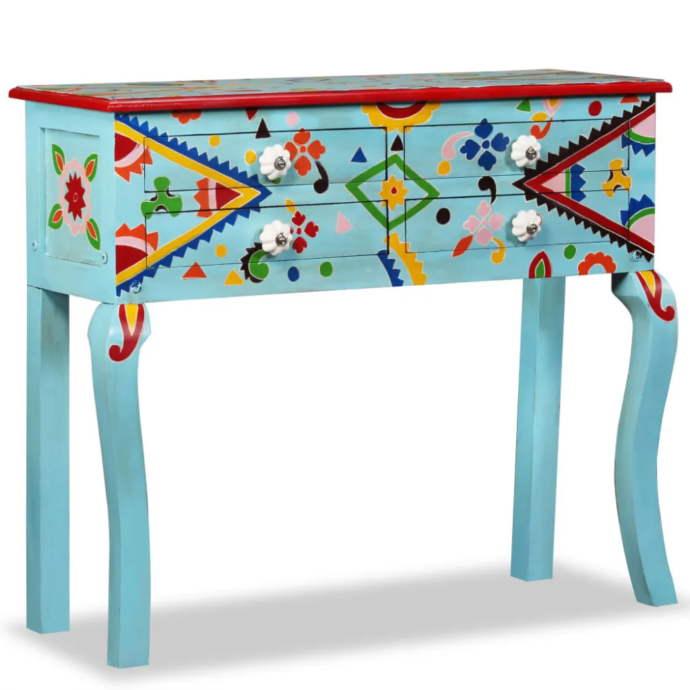 Consolle Legno Massello di Mango Blu Dipinta Mano