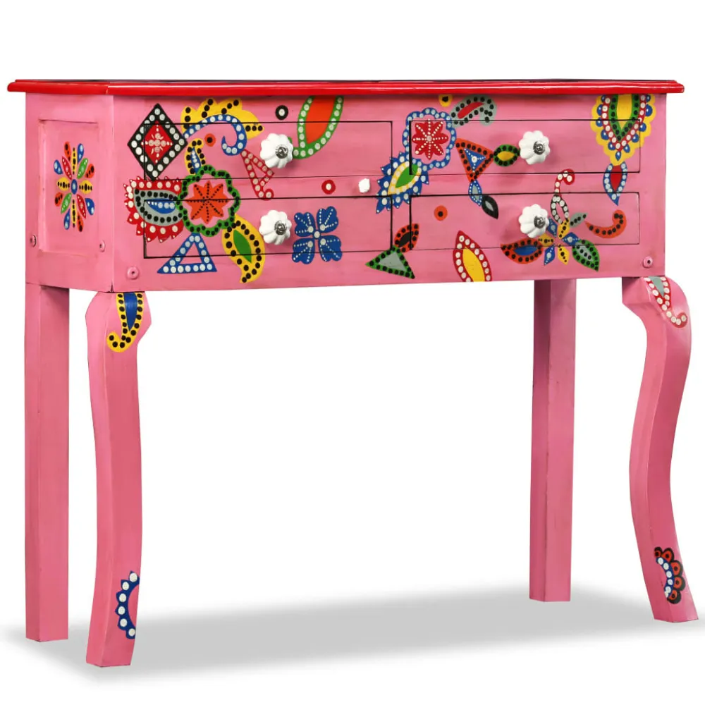 Consolle Legno Massello di Mango Rosa Dipinta Mano
