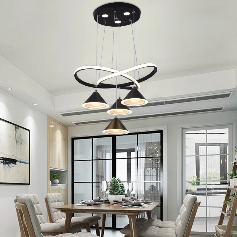 Lampada sospensione nordica 4 luci metallo con paralume cono nero/grigio/marrone per sala da pranzo