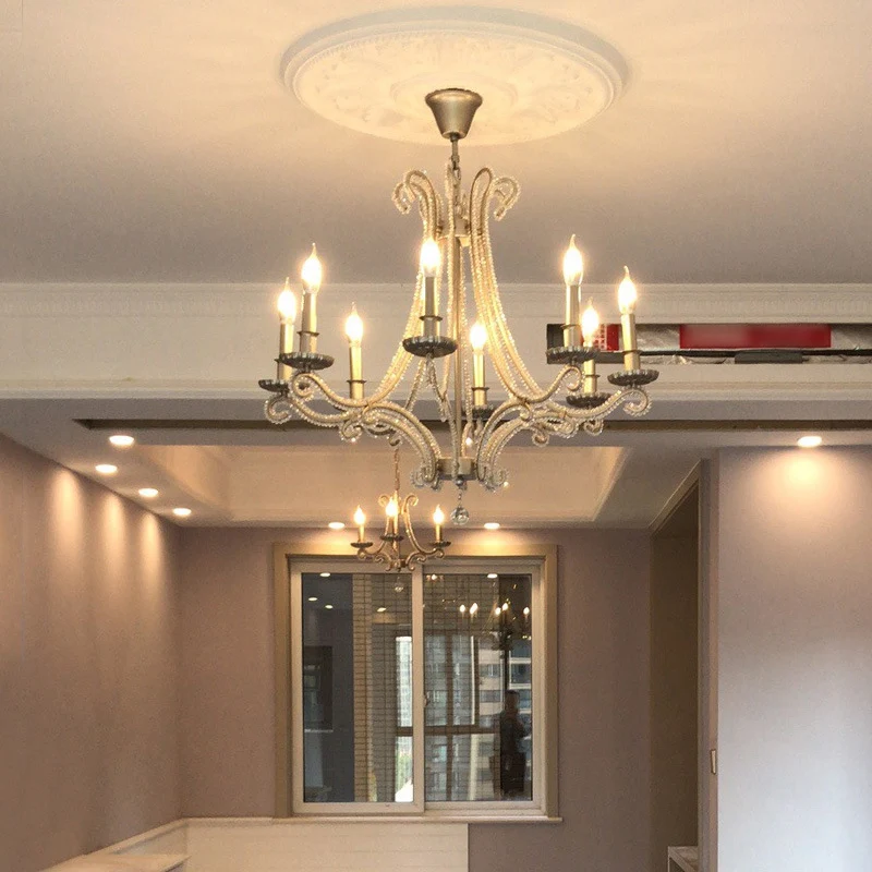 Lampadario candelabri con finitura cromata con perline di cristallo Lampada goccia country francese per sala da pranzo