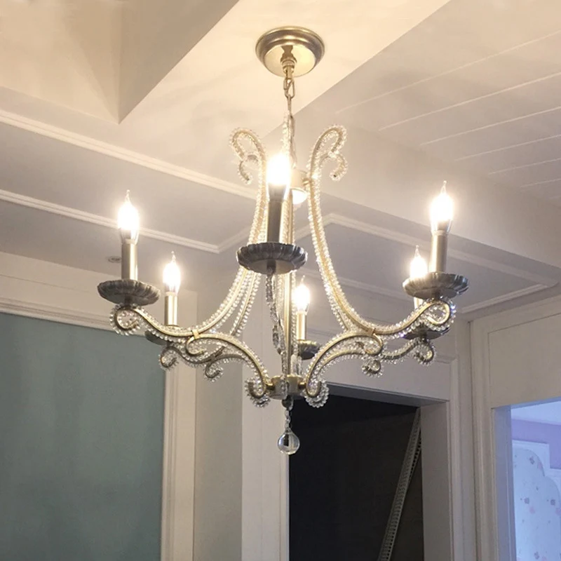 Lampadario candelabri con finitura cromata con perline di cristallo Lampada goccia country francese per sala da pranzo