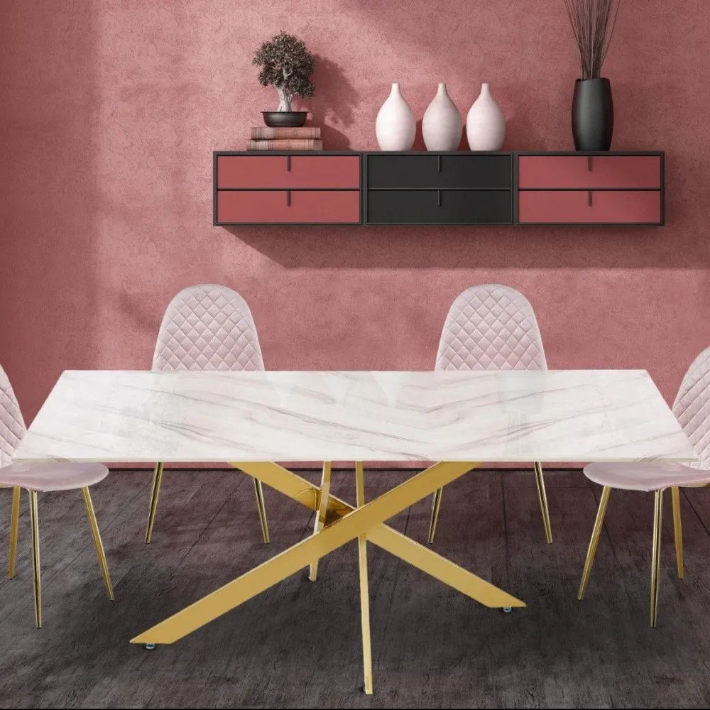 Premium Tavolo da pranzo Naelle Vetro effetto Marmo Bianco Gambe Oro
