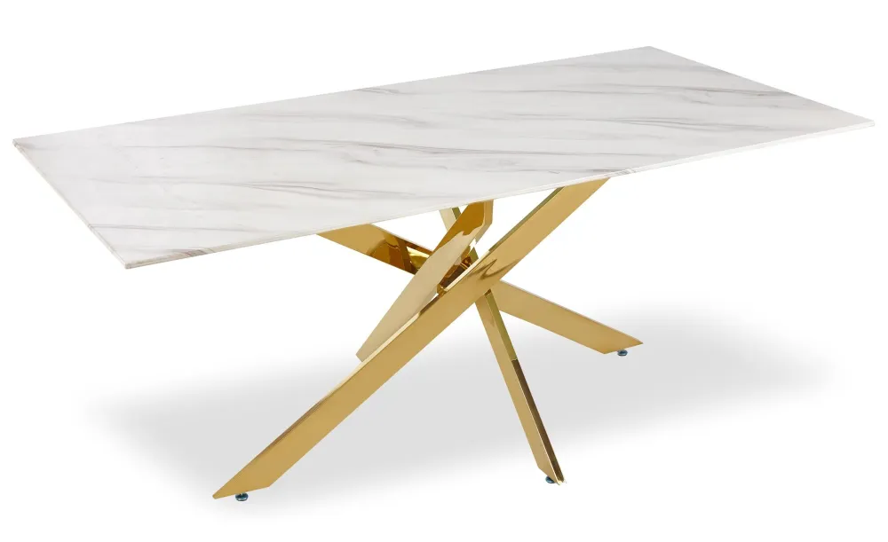 Premium Tavolo da pranzo Naelle Vetro effetto Marmo Bianco Gambe Oro