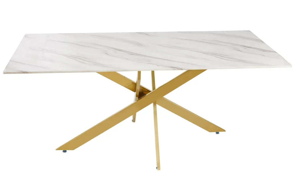 Premium Tavolo da pranzo Naelle Vetro effetto Marmo Bianco Gambe Oro