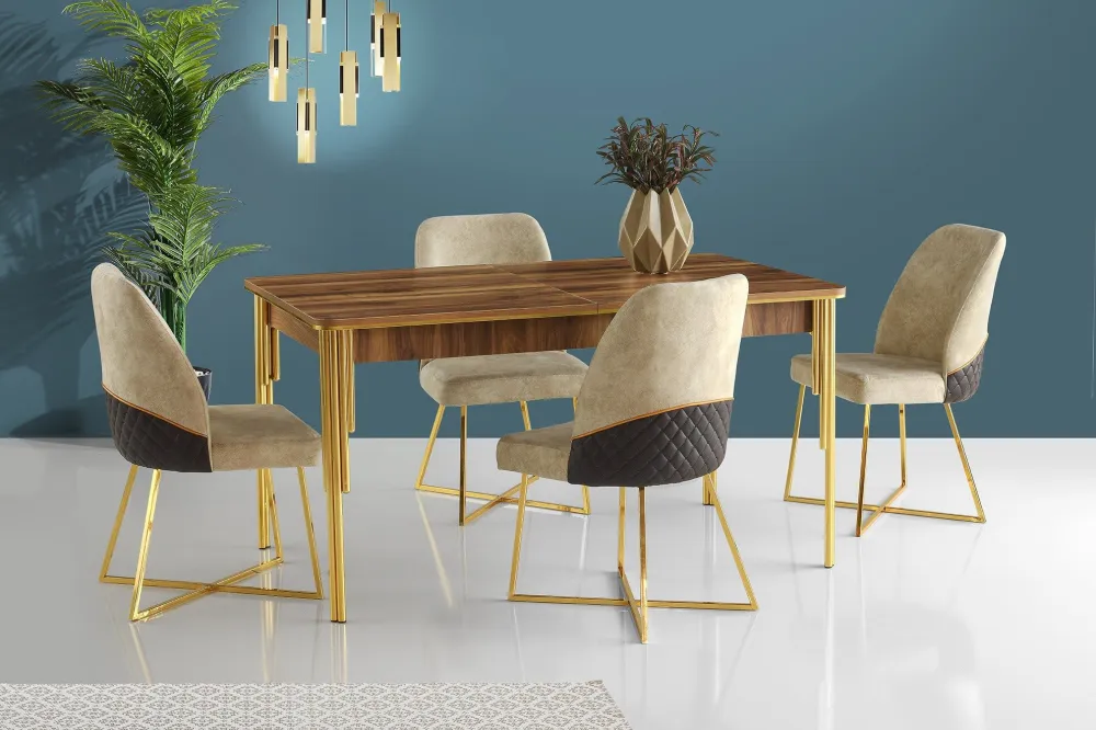 Set di Bicchieri Tavolo da pranzo allungabile Diallo legno naturale e metallo dorato