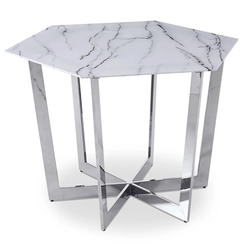 Tavolo Esagonale Zadig 120cm Vetro Effetto Marmo Bianco piedi Metallo Argento con Base Antiscivolo