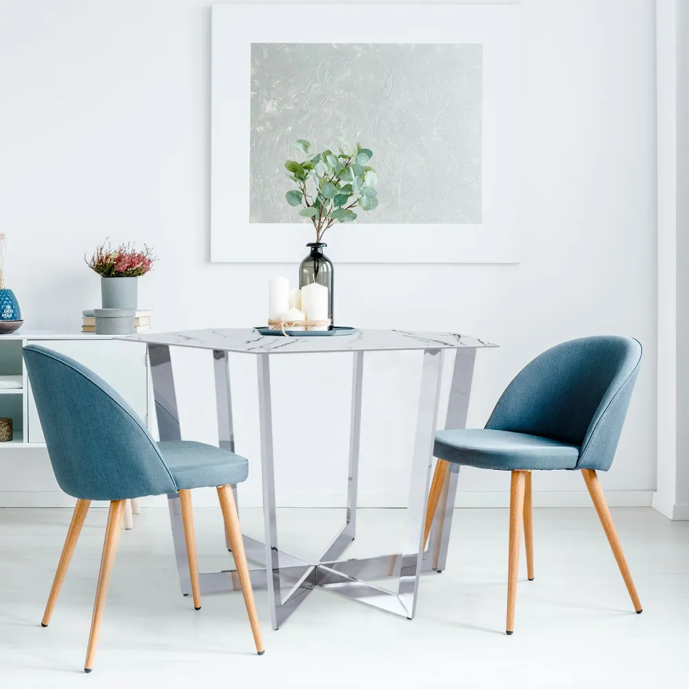 Tavolo Esagonale Zadig 120cm Vetro Effetto Marmo Bianco piedi Metallo Argento con Base Antiscivolo