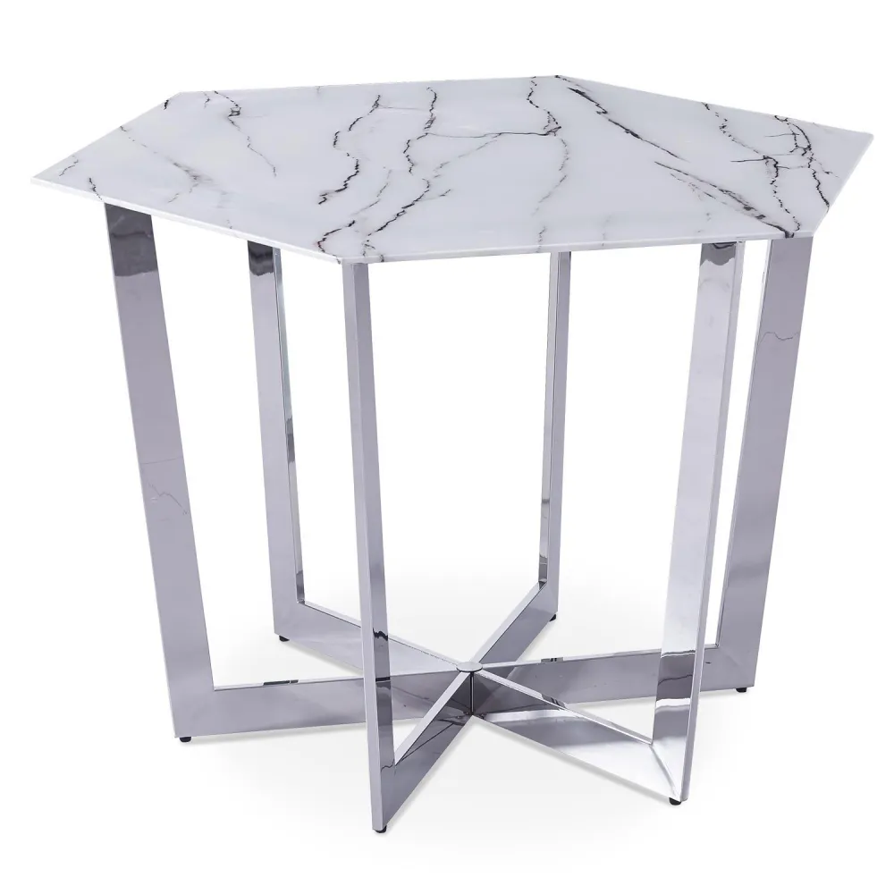 Tavolo Esagonale Zadig 120cm Vetro Effetto Marmo Bianco piedi Metallo Argento con Base Antiscivolo