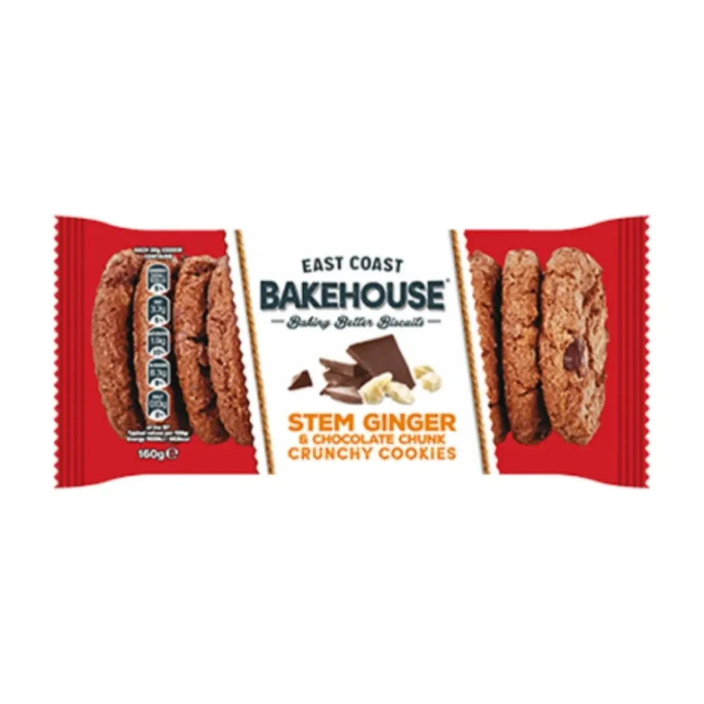 East Coast Bakehouse Stem Ginger & Chocolate Chunk Crunchy Cookies, biscotti con cioccolato e zenzero da 160g
