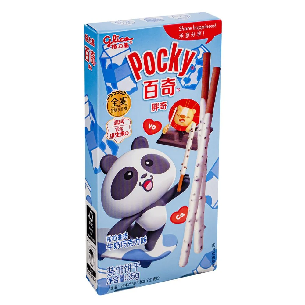 Pocky Choco&Milk, biscotti ricoperti di crema al latte e pezzi di cioccolato da 35g