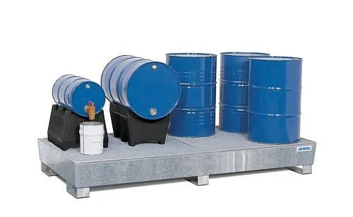 Contenitore di raccolta DENIOS PRW 65 acciaio zincato con tasche portaforche e griglia per 8 barili da 200 litri 114-377