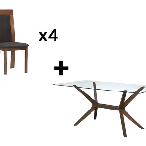 Set tavolo Vetro e Faggio + 4 sedie Tessuto e Faggio Noce e Antracite BELINDA