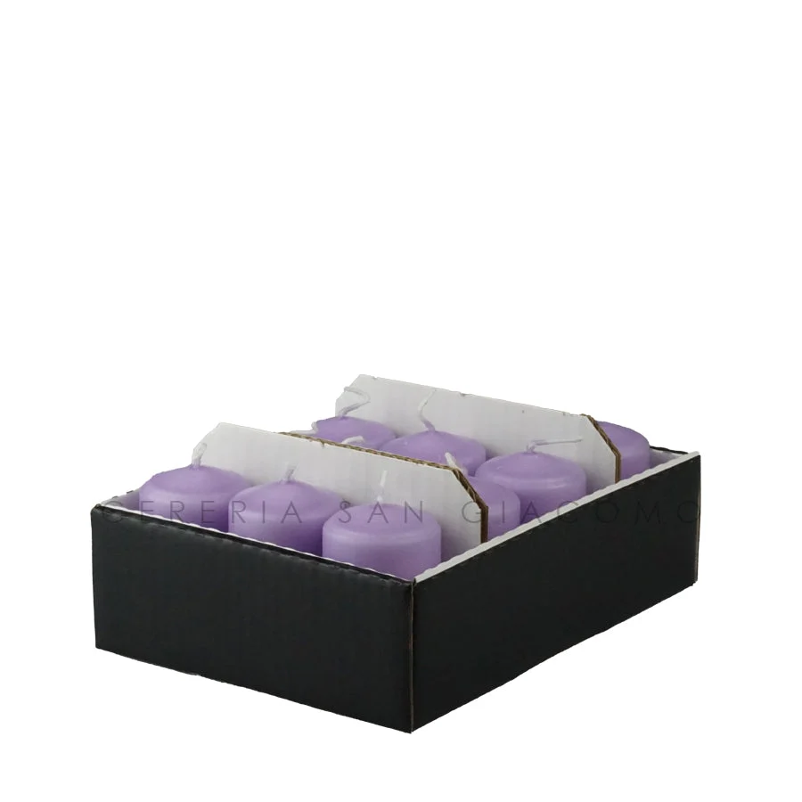 Candele Cilindriche Ø50 mm. h 80 mm. Lilla vassoio da 12 durata ±15 ore