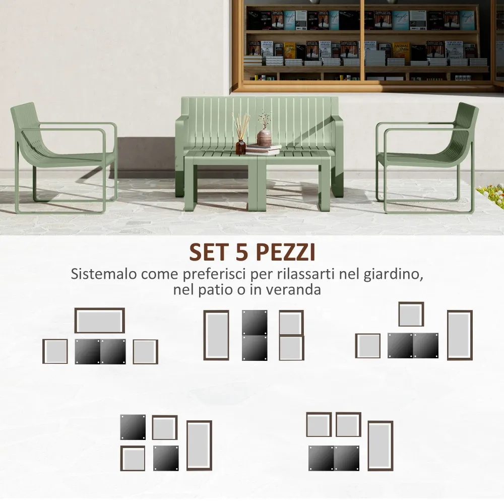 AREA OCCASIONI 2529 EasyComfort Set da Giardino 5 Pezzi Doghe con Divanetto, 2 Poltroncine e 2 Tavolini Polipropilene Verde