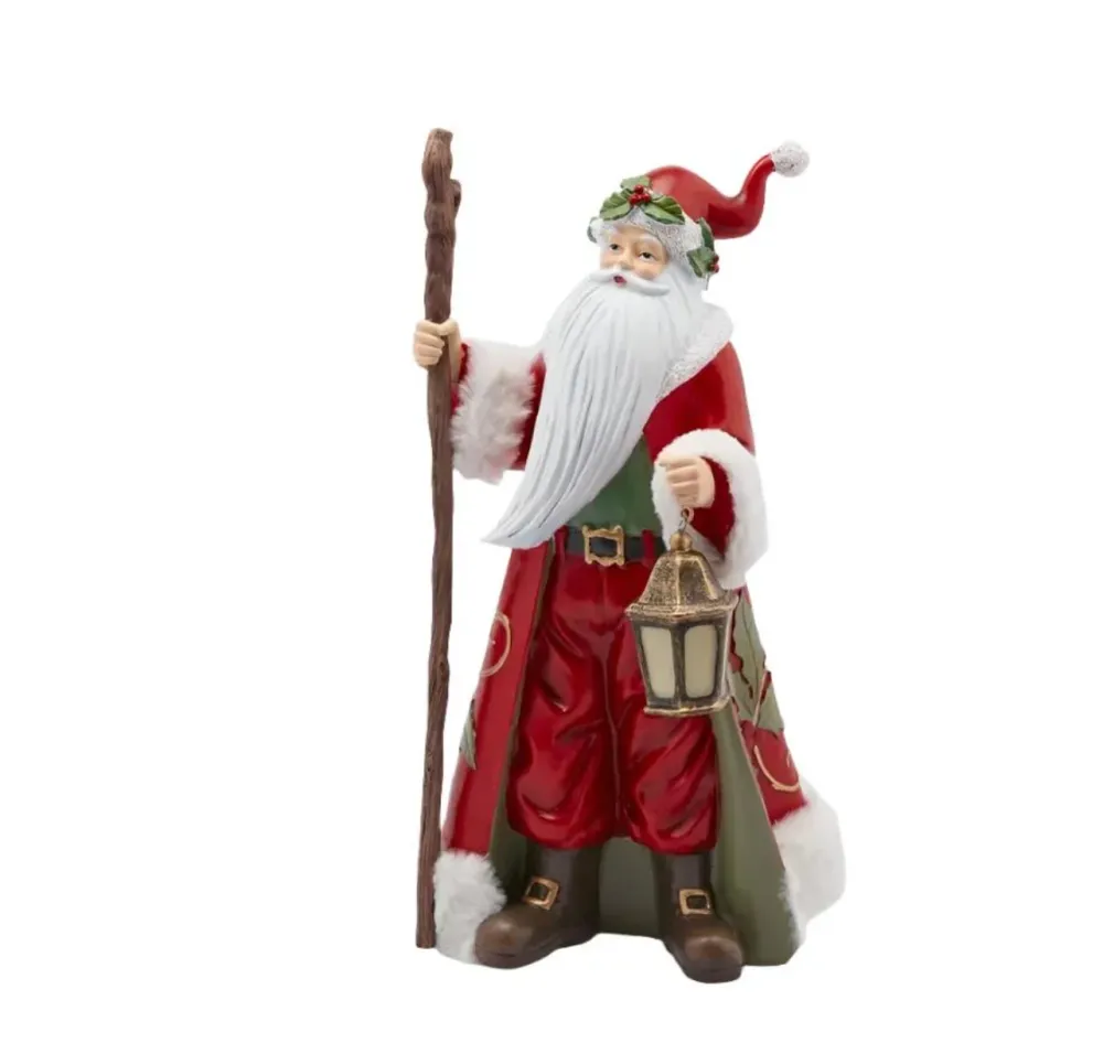 Babbo Natale con bastone statuetta color rosso con led poliestere da 35 cm