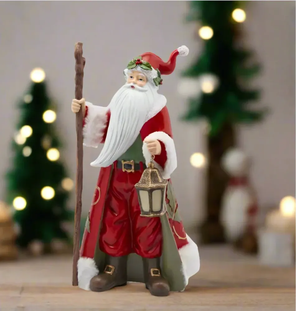 Babbo Natale con bastone statuetta color rosso con led poliestere da 35 cm