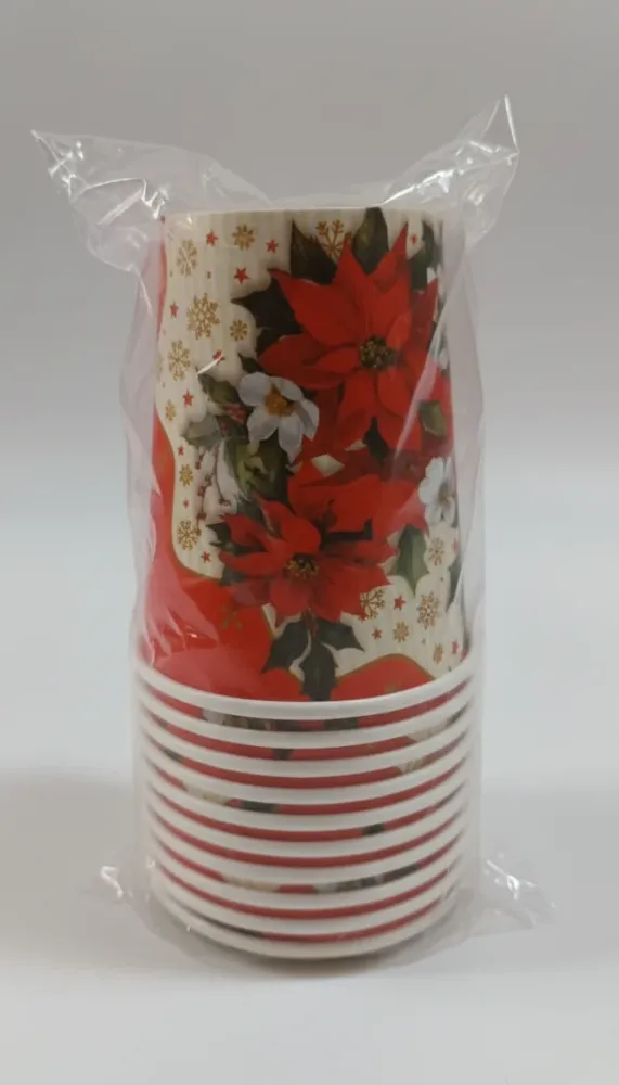 BIBO Bicchieri Cartoncino Table Decor Natalizio (10 pezzi) | Decoro Festività Rosso (Stella di Natale & Agrifoglio) | Monouso