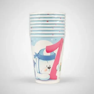 Bicchieri Cartoncino 1° Compleanno Bimbo 200ml 10 Pezzi | Tema Teddy Azzurro | Kit Tavola Festa