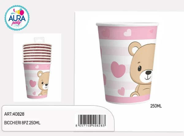 bicchieri orsetto 250ml rosa 8pz