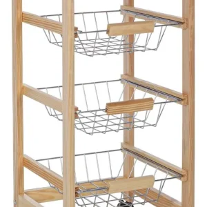 Carrello con ruote da cucina Legno con 1 cassetto e 3 ceste portafrutta metallo, porta pane e tagliere