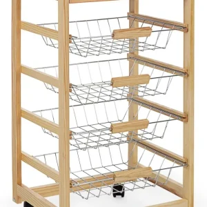 Carrello con ruote da cucina Legno con 1 cassetto e 4 ceste portafrutta metallo, porta pane e tagliere