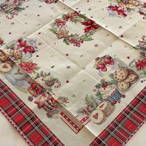 Centrotavola quadrato gobelin con cornice Tartan rosso e Dolci natalizi