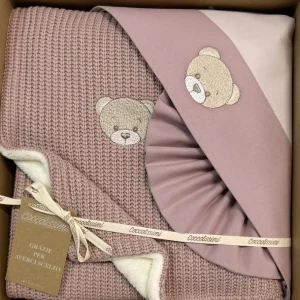 COCCOLISSIMI kit Culla Carrozzina Coperta Filo + lenzuola coordinate - Teddy Old Rose