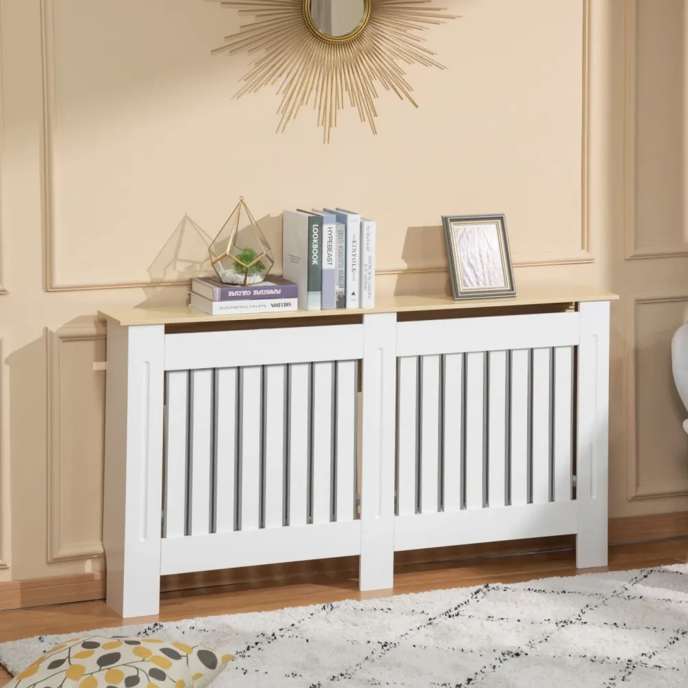 EASYCOMFORT Mobile Copricaloriferi Legno Truciolare e MDF, Pannello Doghe e Mensola Superiore - Bianco