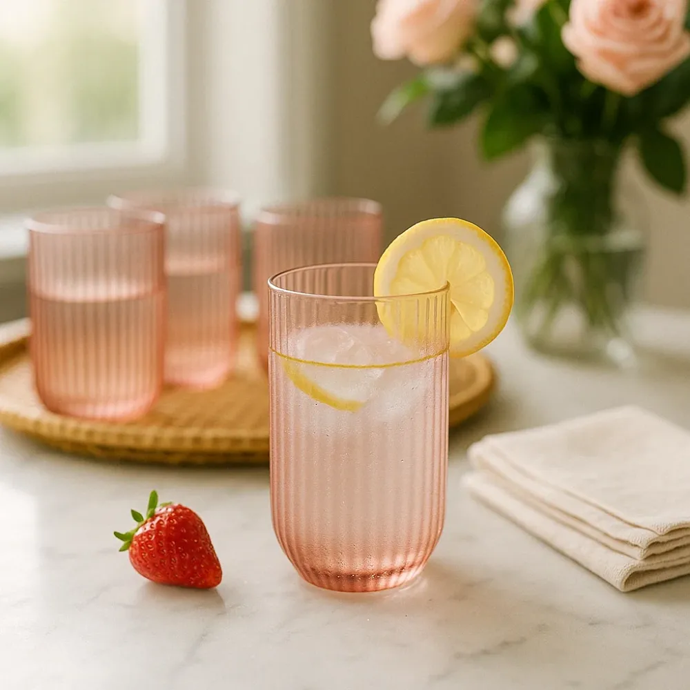 EDG Enzo De Gasperi Offerta Set 4 Bicchieri Longdrink Righe H12 D8 cm Rosa