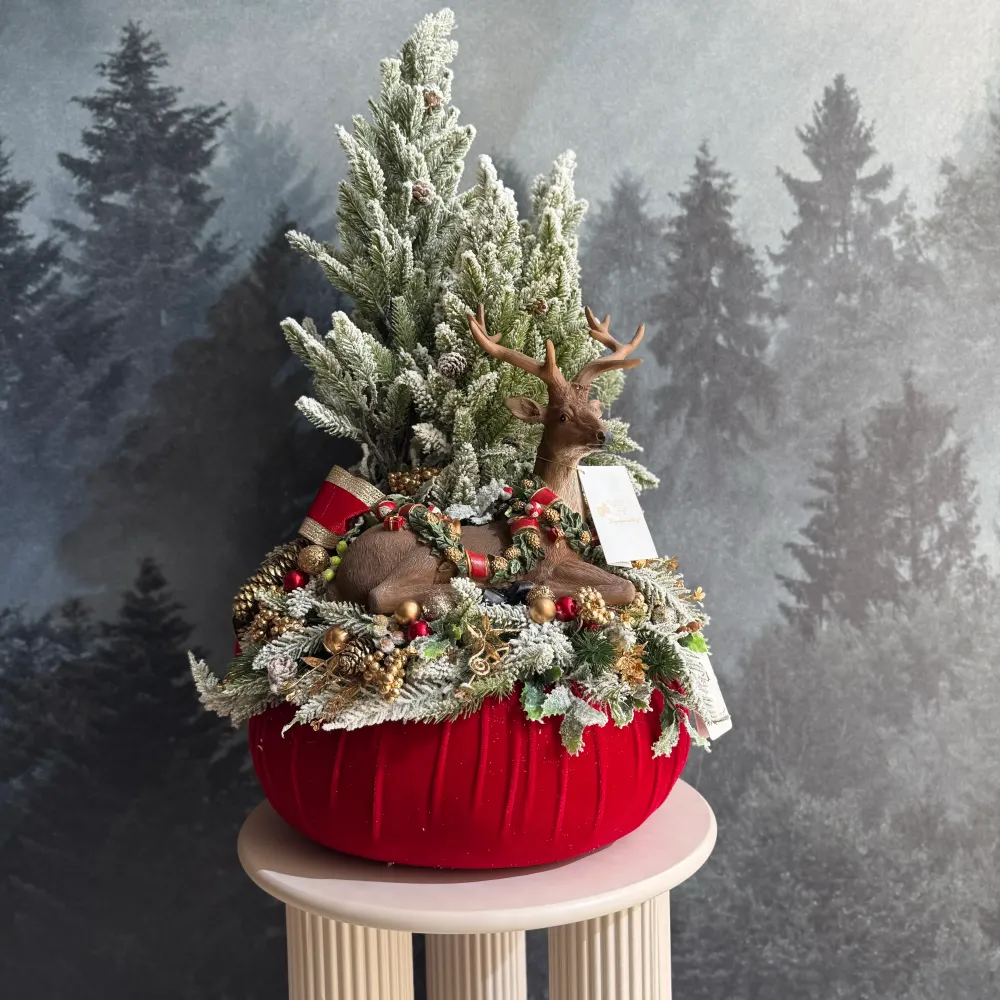 Fiori di Lena Pouf Centrotavola con Renna e Decori Natalizi H75