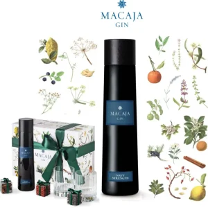 Gin Macaja Navy Strength con 2 bicchieri e 3 botaniche