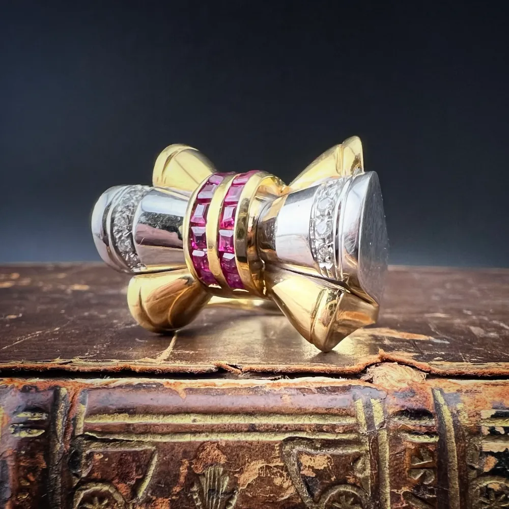 Grande anello fiocco vintage anni ’80 oro massiccio 18 carati con rubini e diamanti