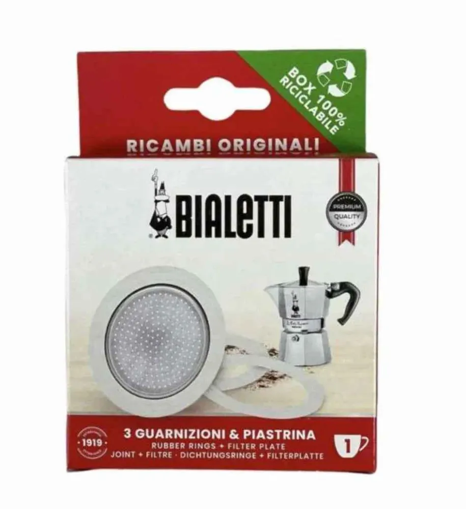 Kit tre guarnizioni più piastra per moka una tazza originale Bialetti 0800031