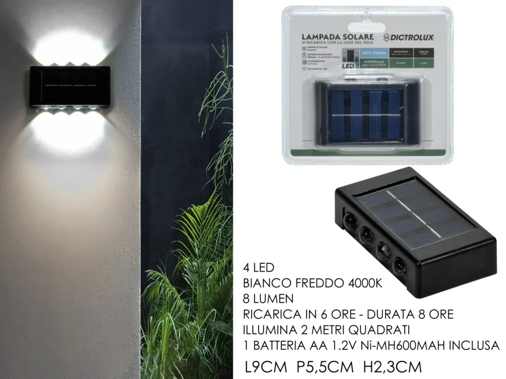 Lampada solare da esterno muro abs e polistirene nera luce bianca fredda - Dictrolux