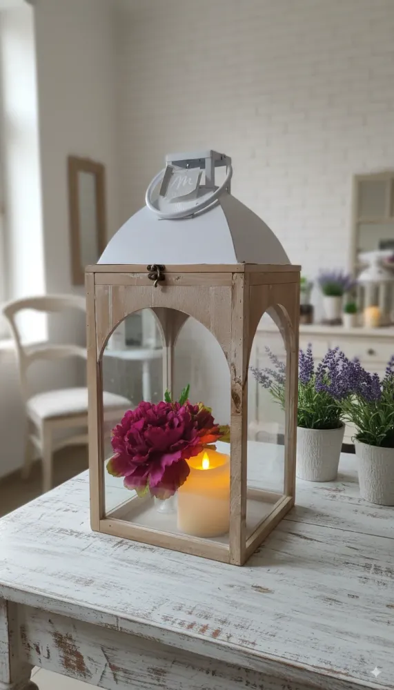 Lanterna Decorativa AD Trend H 60 cm – Stile Shabby Chic Legno e Metallo – Elemento di Design Vintage 26x26 cm