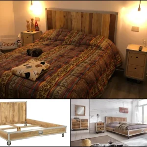 Letto stile INDUSTRIAL due piazze Testiera + giroletto + comodini su ruote piroettanti tutto legno massello e profili allu...