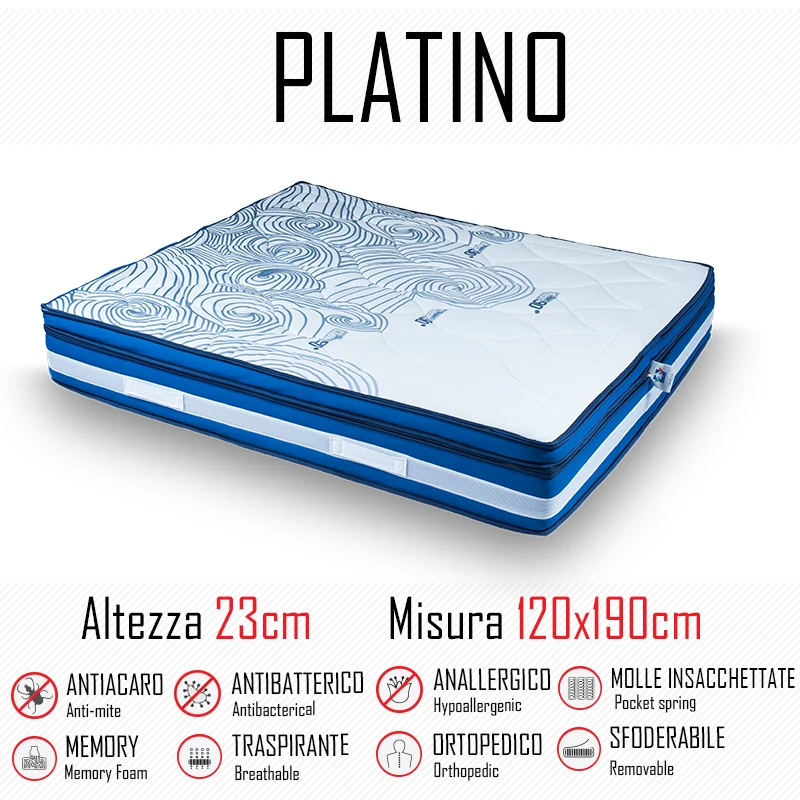 Materasso Platino 120x190 molle indipendenti e memory gel alto 23cm