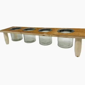 Porta pianta candele con base legno con 4 vasi vetro