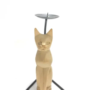 Portacandela gatto ferro battuto e legno indonesiano