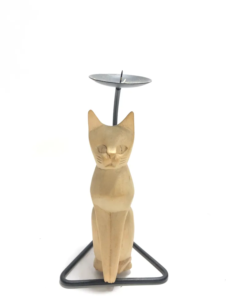 Portacandela gatto ferro battuto e legno indonesiano